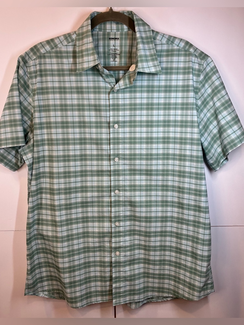 Sonoma Goods For Life Men’s Plaid Button Front Shirt Green Short Sleeve Large